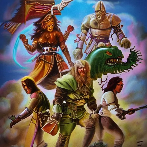 Prompt: high fantasy 1 9 8 0's wargame airbrushed artwork - inspired octane render, a happy sitcom family with an evil demonic occult monster