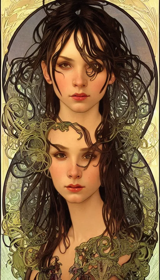 Prompt: realistic detailed face portrait of a beautiful young Black elf woman by Alphonse Mucha, Greg Hildebrandt, and Mark Brooks, Art Nouveau, spirals, Neo-Gothic, gothic, Art Nouveau, 8K