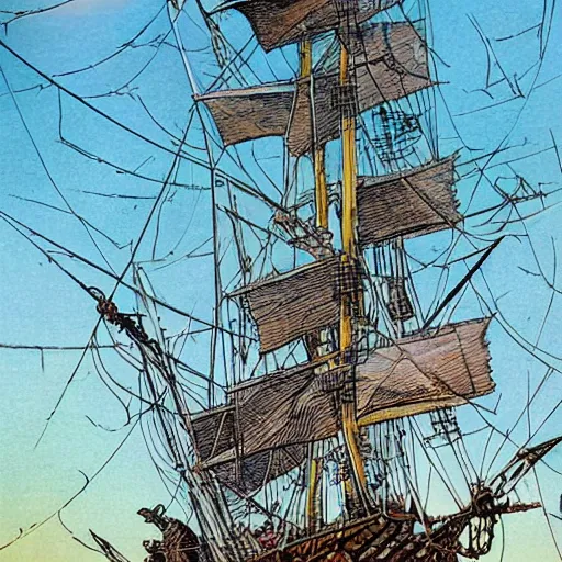 Image similar to brigantine pirate ship + large fruit tree on the deck + an observation tower + huge masts, detailed, smooth, sharp focus, high contrast, colourful, dramatic lighting, graphic novel, art by ralph bakshi, dave sim, frank quitely, moebius, jeff smith,