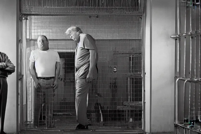 Prompt: Still of donald trump and alex jones in jail, photograph, natural light, sharp, detailed face, magazine, press, photo, Steve McCurry, David Lazar, Canon, Nikon, focus