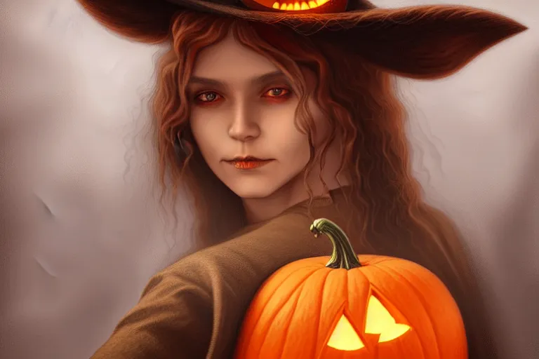 Image similar to portrait of a scarecrow with a jack - o - lantern head and a witch hat, halloween night, charlie bowater, artgerm, ilya kuvshinov, krenz cushart, ruan jia, realism, ultra detailed, 8 k resolution