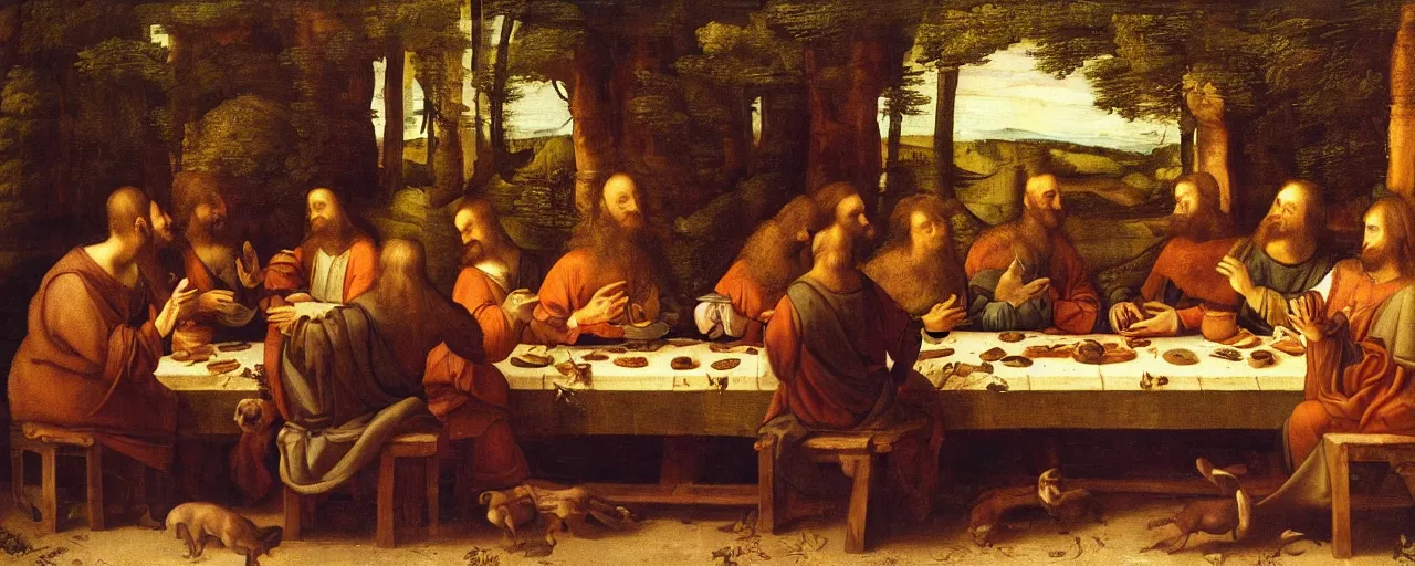 Image similar to A painting of animals sitting at the table in the forest. Style of The last supper by Leonardo Da Vinci