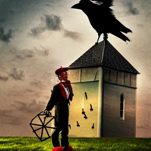 Image similar to A clown on the roof of the church playing with crows, futurist, digital art, dramatic lighting, symbolic