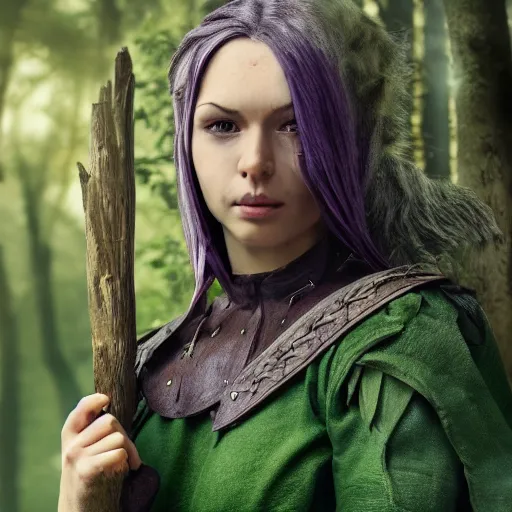 Prompt: anya charlota as a medieval fantasy wood elf, dark purplish hair tucked behind ears, wearing a green tunic with a fur lined collar and brown leather armor, stocky, muscular build, scar across nose, one black, scaled arm, cinematic, character art, digital art, forest background, realistic. 4 k