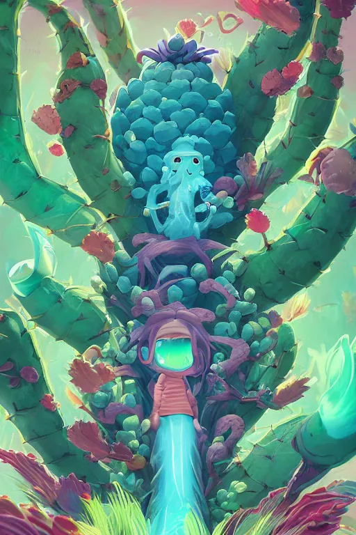 Image similar to roots cactus sushi cristal smurf ghost creature animal sushi cristal very big eye roots cactus elemental flush of force nature micro world fluo fishscale, behance hd by jesper ejsing, by rhads, makoto shinkai and lois van baarle, ilya kuvshinov, rossdraws radiating a glowing aura global illumination ray tracing hdr