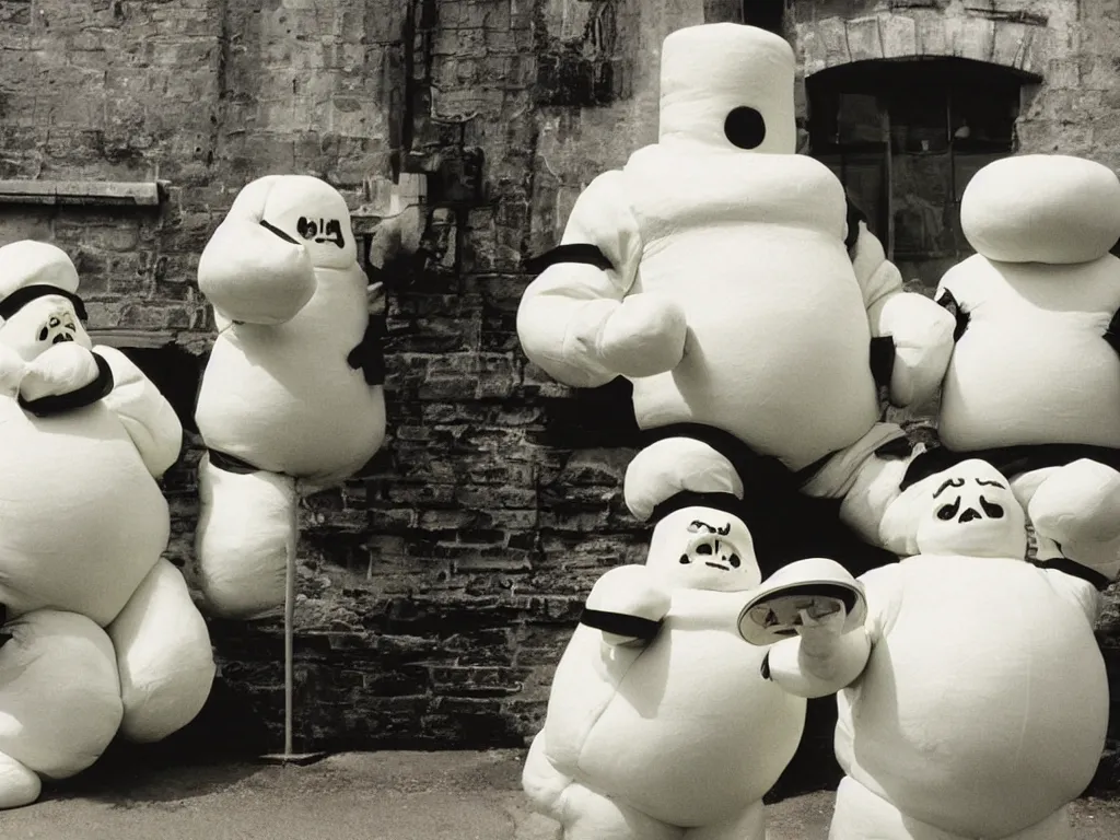 Image similar to 3 5 mm photography of michelin man and stay - puft marshmallow man taken by harry gruyaert