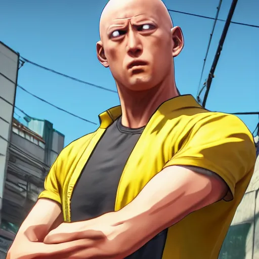 Prompt: a portrait of saitama as a gta 5 character ingame shot from gta 5, ray tracing x, wet reflections, unreal engine 5, intricate details, fantasy, hyper realism, humongous view, smooth, cinematic