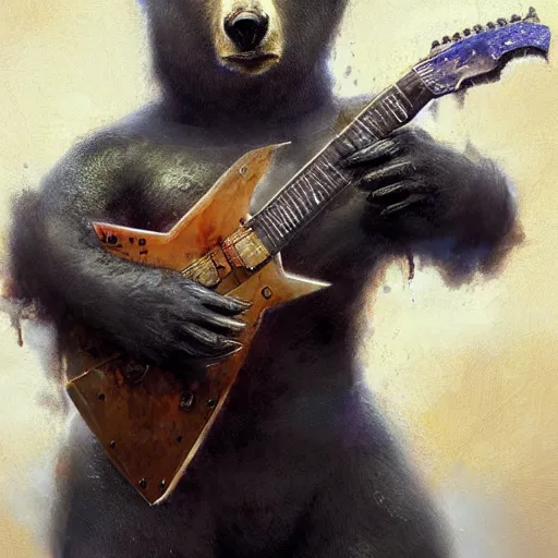 Image similar to realistic bear playing futuristic prismatic angular guitar, fantasy character portrait by Greg Rutkowski, Craig Mullins, Gaston Bussiere