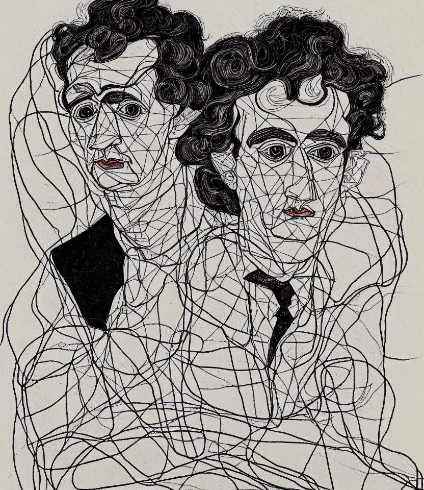 Prompt: detailed line art portrait of charles baudelaire, inspired by egon schiele. caricatural, minimalist, bold contour lines, musicality, soft twirls curls and curves, confident personality, raw emotion