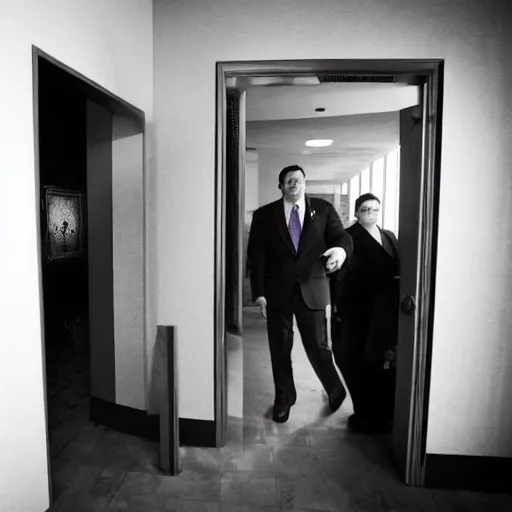 Image similar to Ted Cruz with a wide grin peaking through a door in the distance, black and white, creepy lighting, scary, horror, ornate, eerie, fear