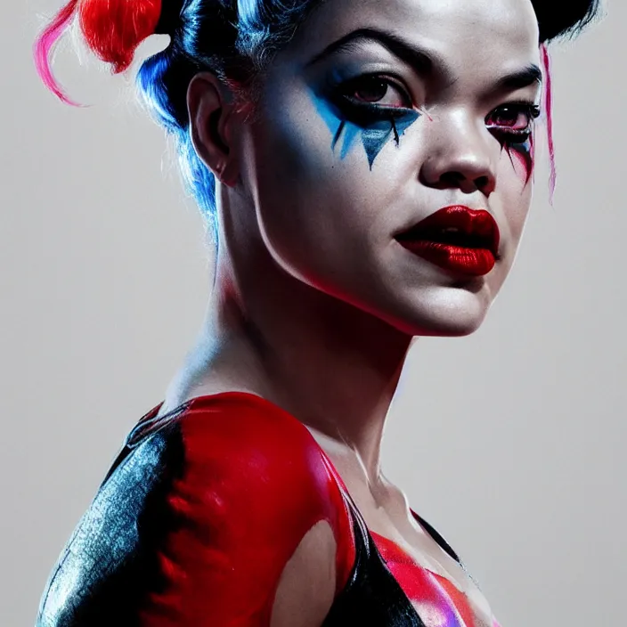 Image similar to portrait of Tessa Thompson as a harley quinn. intricate abstract. intricate artwork. by Tooth Wu, wlop, beeple, dan mumford. octane render, trending on artstation, greg rutkowski very coherent symmetrical artwork. cinematic, hyper realism, high detail, octane render, 8k, iridescent accents