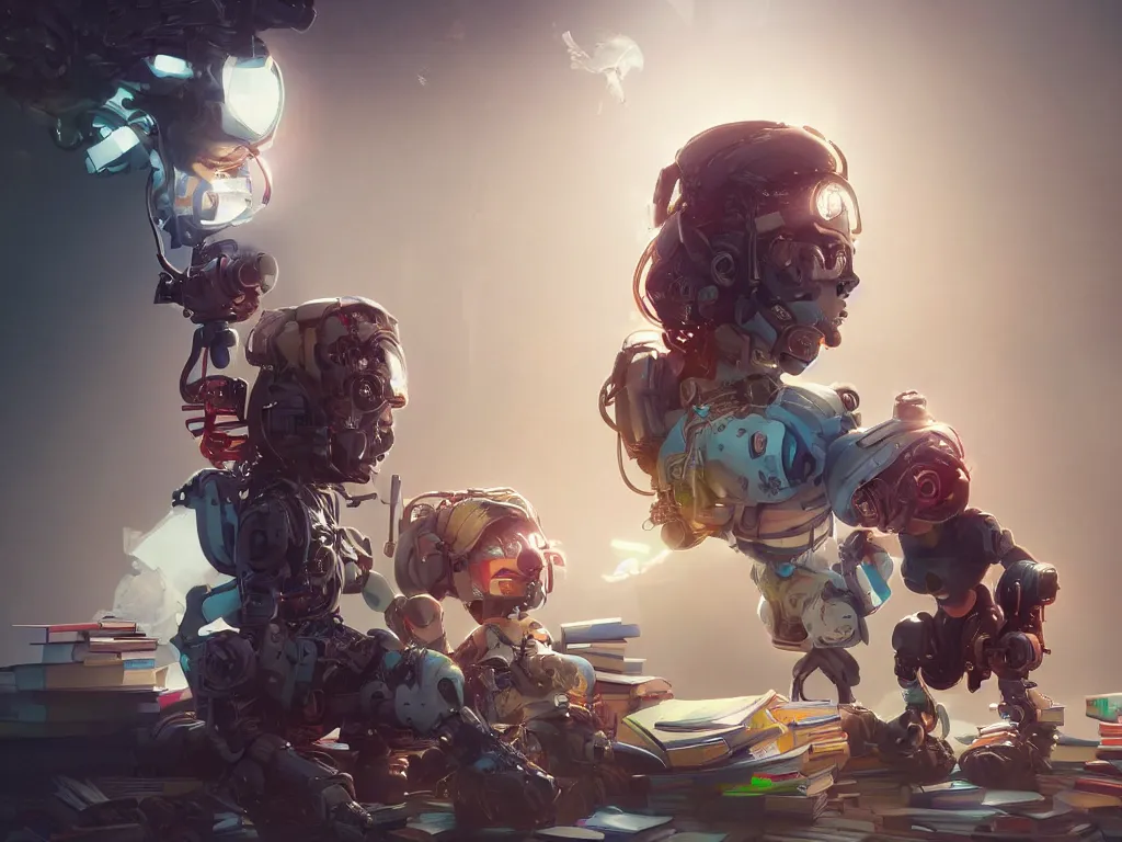 Prompt: A beautiful cyborg baby sitter, collecting books with multiple arms, hyperealistic colourful hdr , beautiful volumetric lighting, epic light, artstation, magic hour lighting, cgi render photorealistic cinematic octane render