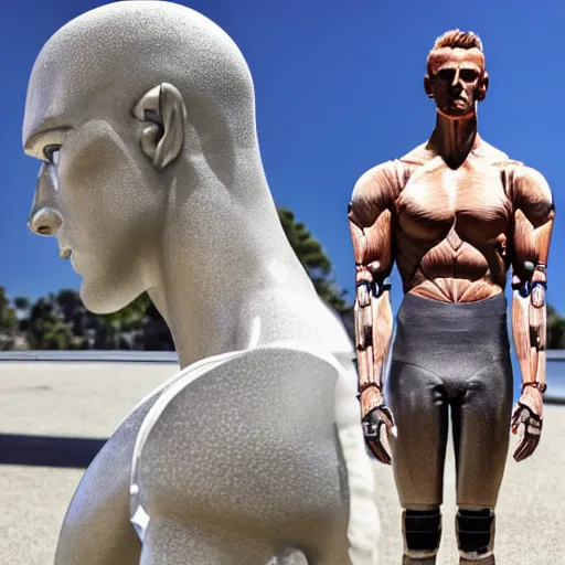 Image similar to a realistic detailed photo of a guy who is an attractive humanoid who is half robot and half humanoid, who is a male android, wrestler bryce meredith, shiny skin, posing like a statue, blank stare, by the pool, on display, showing off his muscles, humanoid robot, frozen ice statue