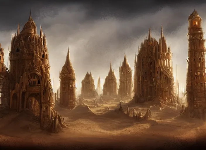 Prompt: architectural cover concept art of the lost sand city, ruins, golden towers, golden pillars. digital art, art station, realista,