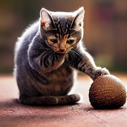 Prompt: a digital artpiece of the tiniest cat playing in the world toying with a big round acorn, award winning photography, 4 k, high detail