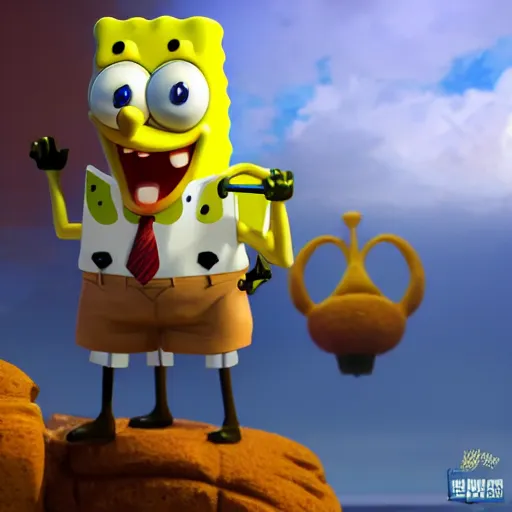 Image similar to SpongeBob Squarepants statue by Michelangelo, Hyper-realistic, 4K, Unreal Engine, Highly Detailed, HD, Dramatic Lighting by Brom, trending on Artstation, golden hour