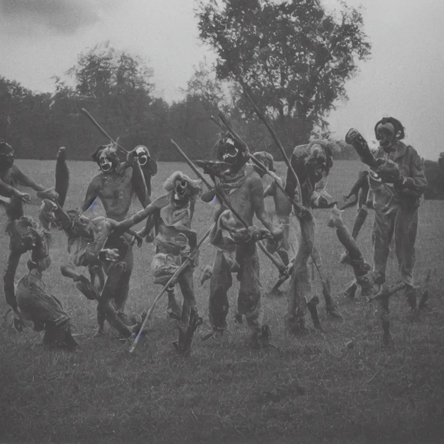 Prompt: circa 1 9 7 0 s restored 1 3 mm film photograph of a group of clowns in a field holding machetes at night, liminal, dark, thunderstorm, dark, flash on, blurry, ominous lighting