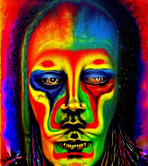 Image similar to Portrait painting in a style of Beksinski mixed with Alex Grey of an old shaman dressed in a colorful traditional clothes. psychodelic