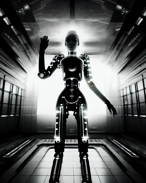 Image similar to black and white high quality photo of a beautiful futuristic female human-AI-cyborg looking into a sci-fi mirror:: volumetric lighting, liminal space, brutalism, foggy, dreamy, hyperdetailed, bokeh, photorealistic, cinematic, masterpiece, Metropolis, elegant, dark, octane render, 8K, photograph taking in 1910