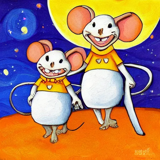 Image similar to two cheerful mice on a planet made of cheese, highly detailed painting