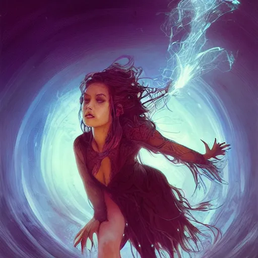 Image similar to a witch casting a spell, sci-fi, face, long hair, fantasy, intricate, elegant, highly detailed, digital painting, artstation, concept art, smooth, sharp focus, illustration, synthwave colors, faded effect, tranquil and calm, art by artgerm and greg rutkowski and alphonse mucha