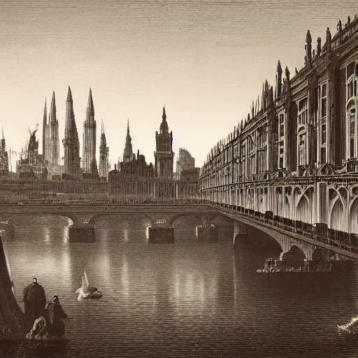 Image similar to a beautiful print of a cityscape with tall spires and delicate bridges. by george tice, by giovanni battista gaulli desaturated, ornate