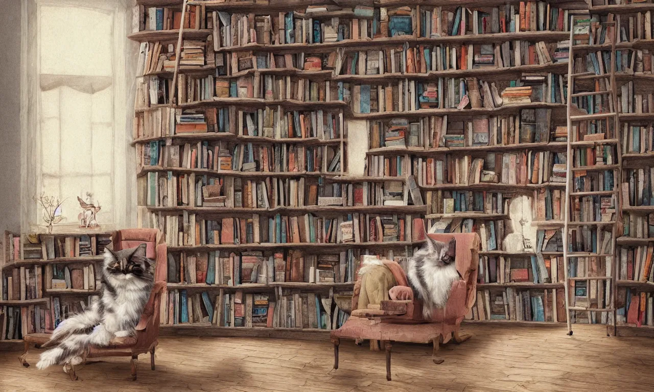 Prompt: bookshelf, maine coon cats, brick streets, ancient manuscripts, a reader in a chair, nordic pastel colors, 3 d art, digital illustration, perfect lighting