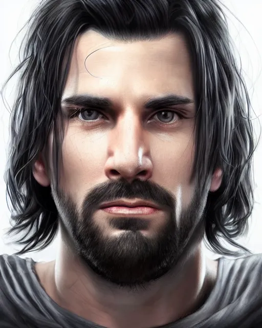 Prompt: portrait of tall, 3 3 - year - old handsome man with long dirty black hair, and ice grey eyes, wearing black clothes, no beard, hyper realistic face, beautiful eyes, character art, art by mark brooks, hyperdetailed, cryengine, trending on artstation, digital art