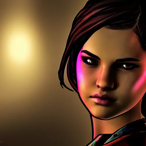 Image similar to selena gomez portrait, borderlands, tales from the borderlands, the wolf among us, comic, cinematic lighting, studio quality, 8 k