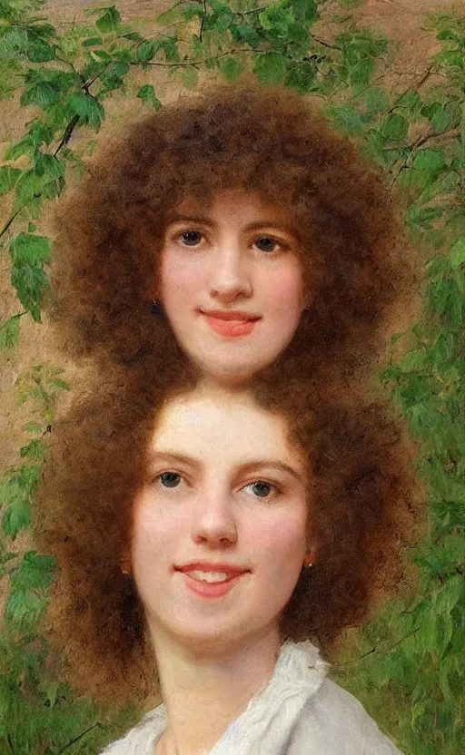 Prompt: portrait, woman!!, by eugen von blaas!! short! brown hair, fuzzy hair!!, smiling, looking at us, symmetrical face, perfect eyes, slight blush!! green plants background!!!