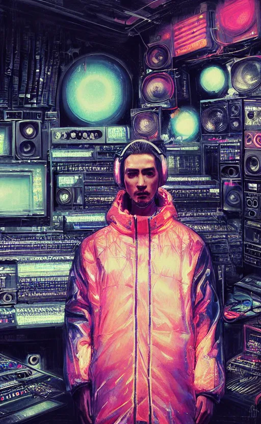 Image similar to detailed portrait of a music producer in his studio lab, neon operator, cyberpunk futuristic neon, reflective puffy coat, decorated with traditional japanese ornaments by ismail inceoglu dragan bibin hans thoma greg rutkowski alexandros pyromallis nekro rene maritte illustrated, perfect face, fine details, realistic shaded, fine - face, pretty face