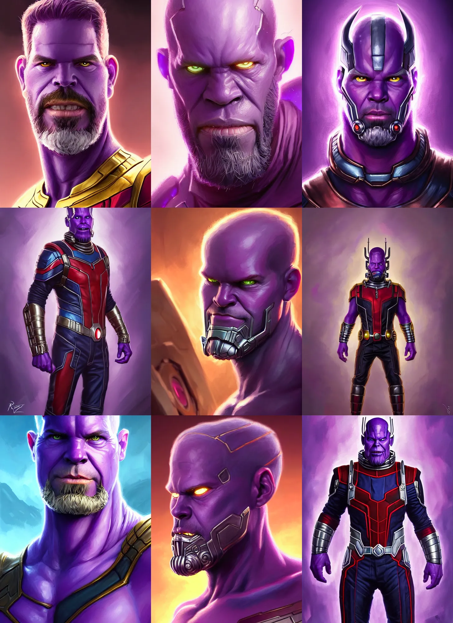 Prompt: a fantasy style portrait painting a character if scott lang ant man and thanos had a son purple skin, powerful chin, thanos style traits, painting, unreal 5, daz., rpg, portrait, extremely detailed, artgerm greg rutkowski _ greg