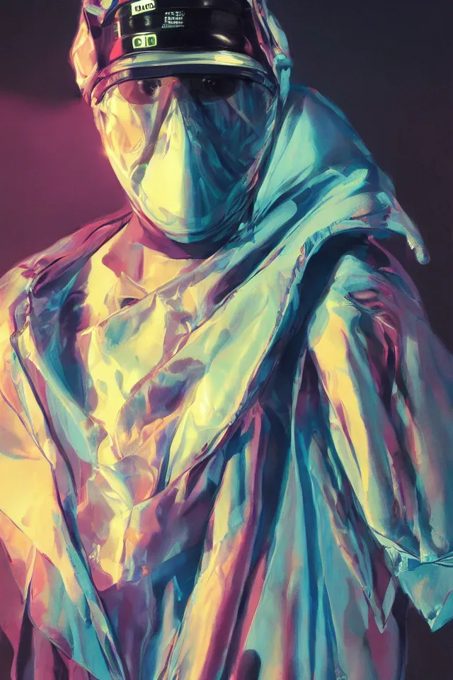 Prompt: digital fashion, androgynous person, tactical poncho latex rags, wearing a visor, techwear, iridiscent light, high key, cinematic lighting at night, neon, phil hale, boris vallejo, alberto mielgo, patrick o'keeffe