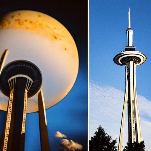 Image similar to Toronto space needle tourist guide with planet mars as a head, dramatic cinematic lighting