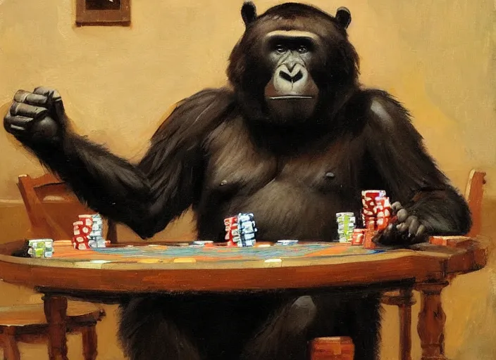 Image similar to gorrila with a bear, playing poker highly detailed beautiful, by gregory manchess, james gurney, james jean