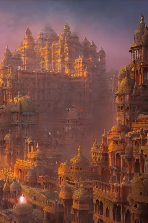 Image similar to old indian city with a breathtaking view of a magnificent maharajah palace at pink dawn, intricate, elegant, volumetric lighting, digital painting, highly detailed, artstation, sharp focus, illustration, concept art, ruan jia, steve mccurry