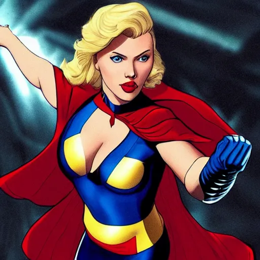 Image similar to photo of scarlett johansson as powergirl, low quality