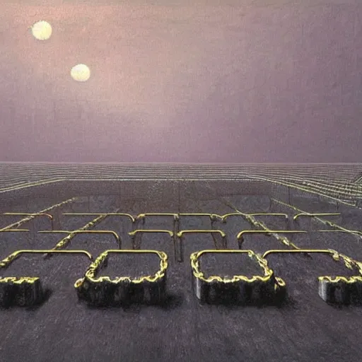 Image similar to A beautiful hyper realistic detailed painting of a chain of blocks, a cybernetic hybrid of 2 gigantic tall skyscaper sized quantum computers and a block calculator machine on a vast black granite tarmac, connected by gold and silver wire cables and chains, by Beksinski, beeple, unreal engine