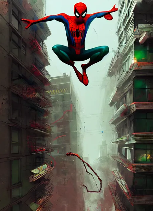 Prompt: spider - man jumping from building, red and green hour, by ismail inceoglu