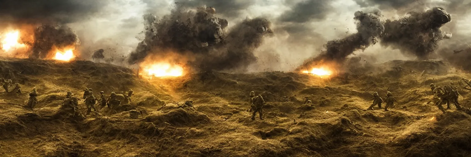 Image similar to natural looking fight landscape of ww 1 trenches, soldiers fighting with resistance aliens, green gas spreading across land, futuristic tank is on fire, ground explosion in the background, alien mothership in the sky, hyper realistic, highly detailed, dramatic lighting, raytarced, god rays, 4 k, 8 k, matte painting