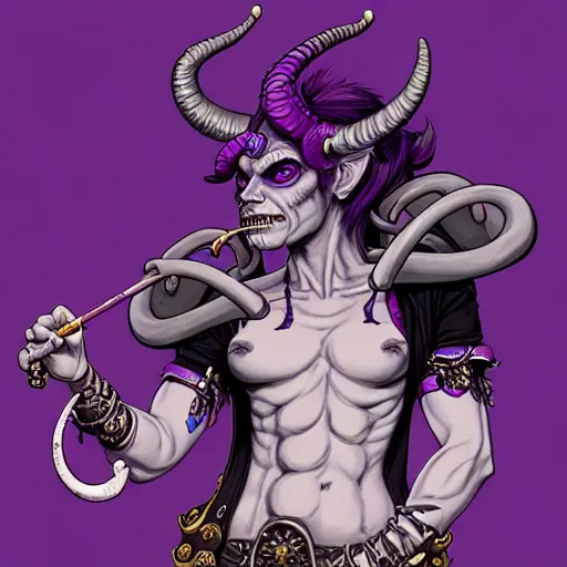 Prompt: portrait painting of a punk tiefling bard with ram horns and purple skin, sharp focus, award - winning, trending on artstation, masterpiece, highly detailed, intricate. art by josan gonzales and moebius and deathburger