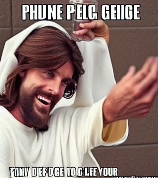 Image similar to Jesus taking a selfie. He is laughing because see a meme.no letters, Professional photo