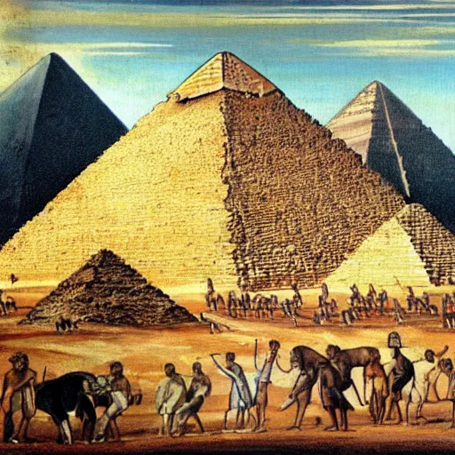 Image similar to the great pyramid of giza being built by chimps, 1 3 th century painting,