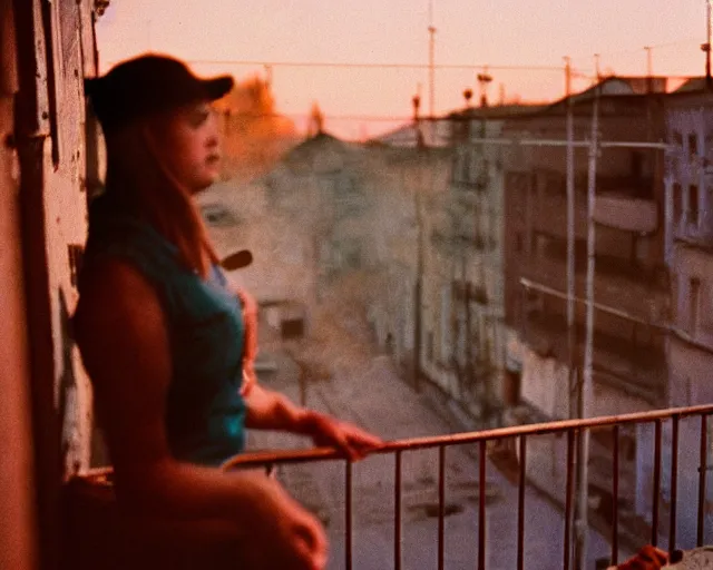 Image similar to lomo photo of pair standing on small hrushevka balcony full with cigarette smoke in small russian town looking at sunset, cinestill, bokeh