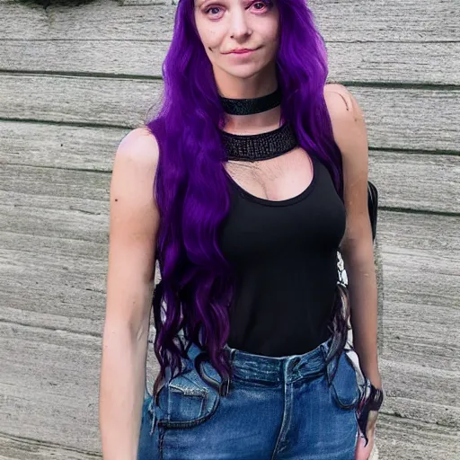 Image similar to a woman with long wavy purple hair, blue eyes and strong cheek bones. she's wearing a black t - shirt, sleeveless jean vest and a black choker