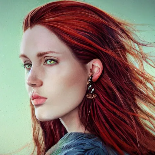 Image similar to Beautiful photorealistic portrait of a woman with purple eyes and long red hairs wearing shiny earings , higly detailed, 8K