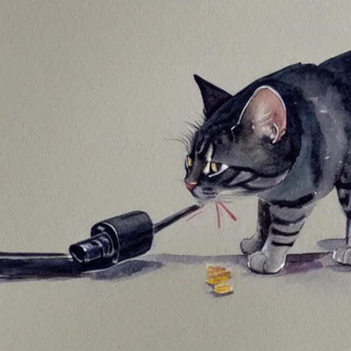 Prompt: a cat using a sniper rifle to hunt a mouse. watercolor.