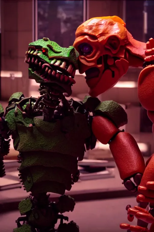 Image similar to a cinematic still from the heartbreak kid and specifically the rest of the world, full body claymation, armored plants, intact humanoid mango, octane reindeer, vhs raytracing demon, disasterpiece, office of the aged, depiction of a arm, aggressive headlock, endoskeleton exposure