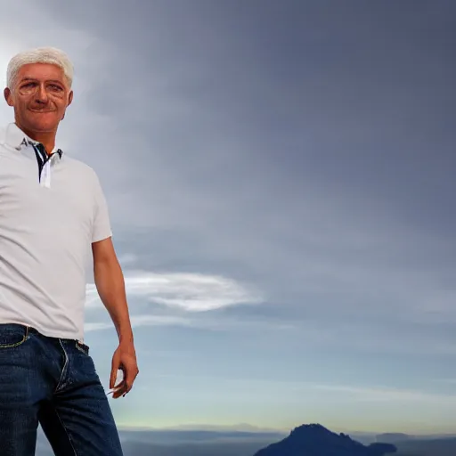 Prompt: hyper realistic man standing on mountain looking on the horizon, pointing to the right, white hair, polo shirt, jeans, beautiful, optimistic, high quality