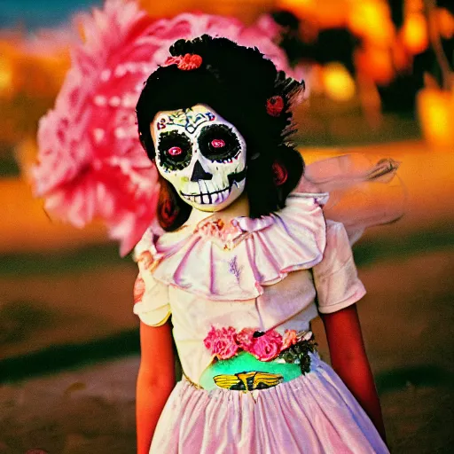 Prompt: detailed and realistic portrait photography of a cute Día de los Muertos girl at dusk by Annie Leibovitz, Agfa Vista 800 film, Leica M9